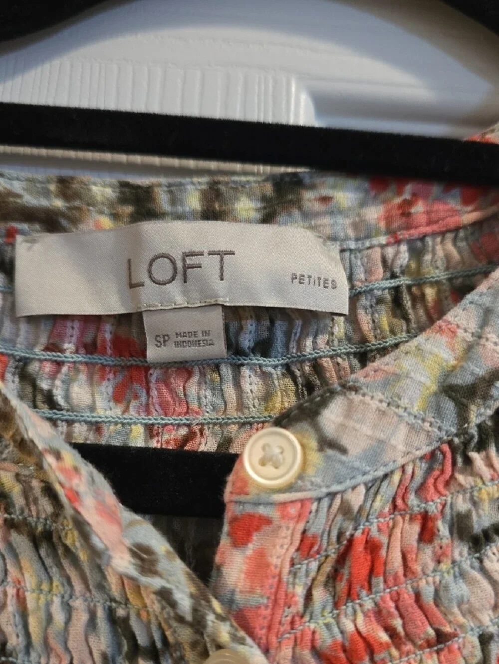 LOFT Coral, Olive and Cream Floral Smocked-Neck Blouse
